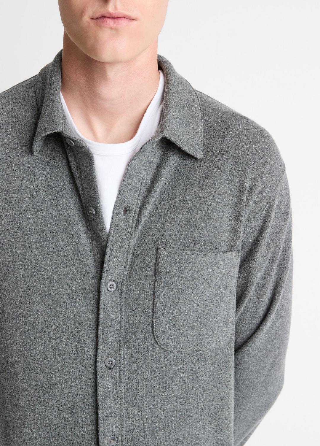 VINCE | Knit Cotton-Blend Button-Front Shirt in Long Sleeve - MEDIUM HEATHER GREY