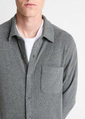 VINCE | Knit Cotton-Blend Button-Front Shirt in Long Sleeve - MEDIUM HEATHER GREY