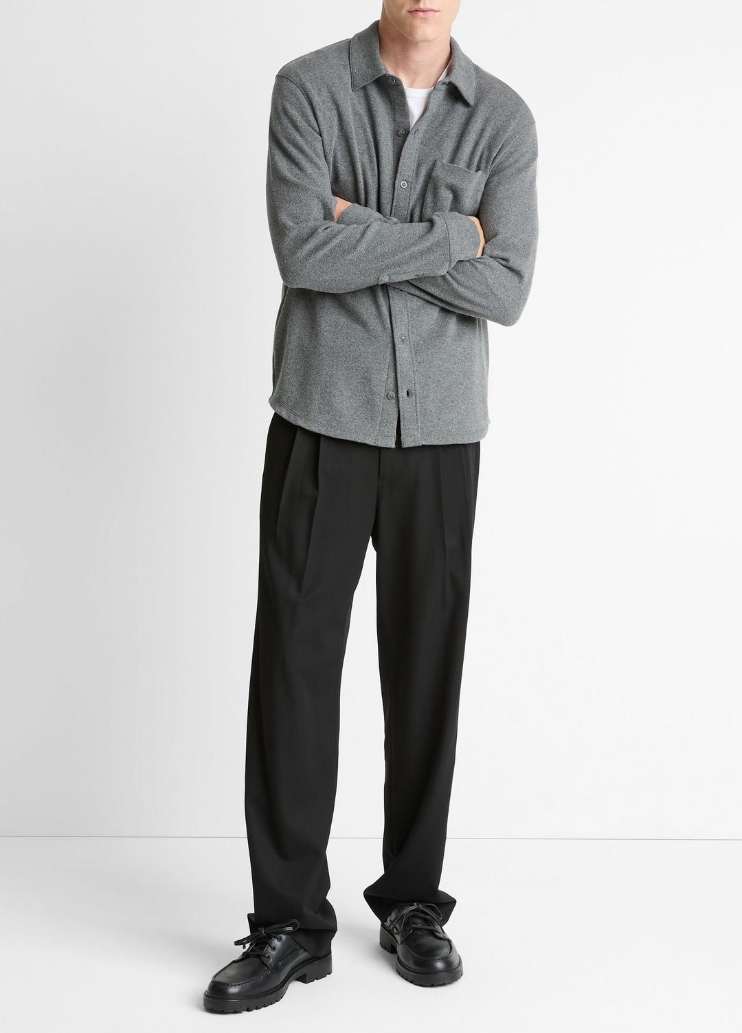 VINCE | Knit Cotton-Blend Button-Front Shirt in Long Sleeve - MEDIUM HEATHER GREY