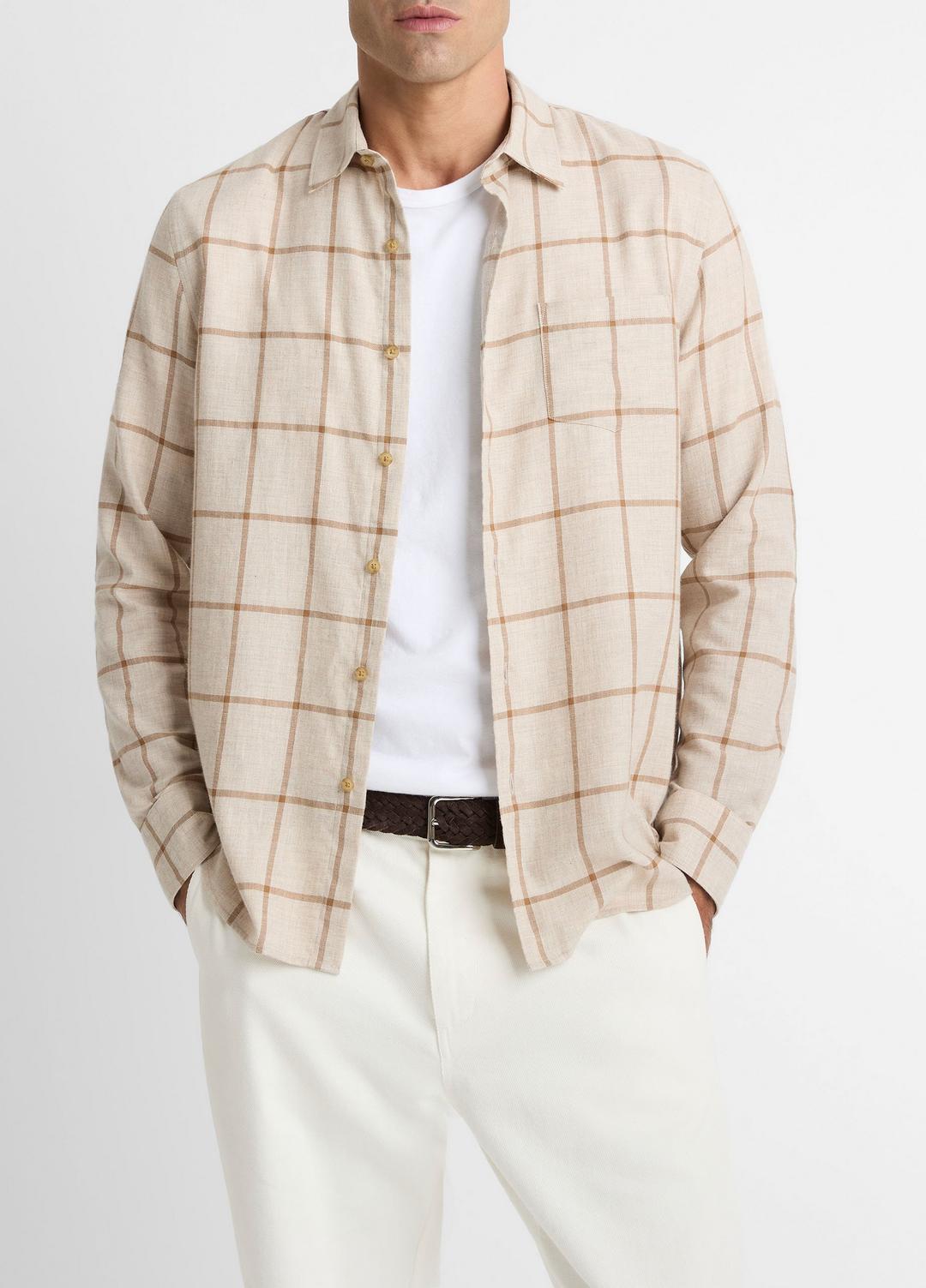 VINCE | Rockery Plaid Cotton Button-Front Shirt in Long Sleeve - HEATHER OATMEAL/WALNUT