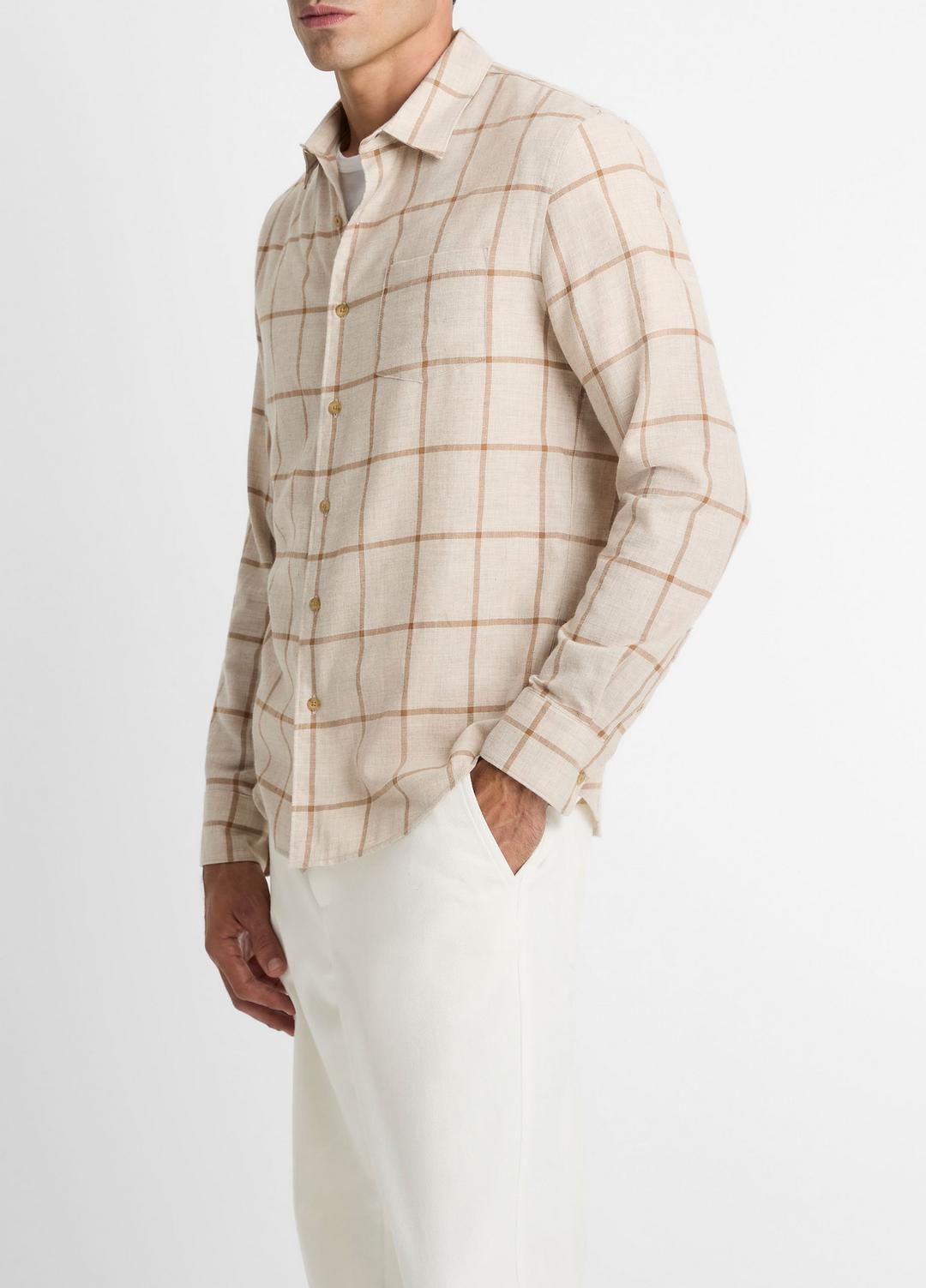 VINCE | Rockery Plaid Cotton Button-Front Shirt in Long Sleeve - HEATHER OATMEAL/WALNUT