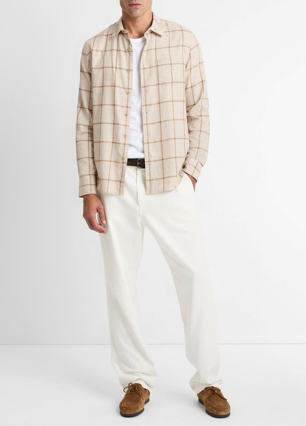 VINCE | Rockery Plaid Cotton Button-Front Shirt in Long Sleeve - HEATHER OATMEAL/WALNUT