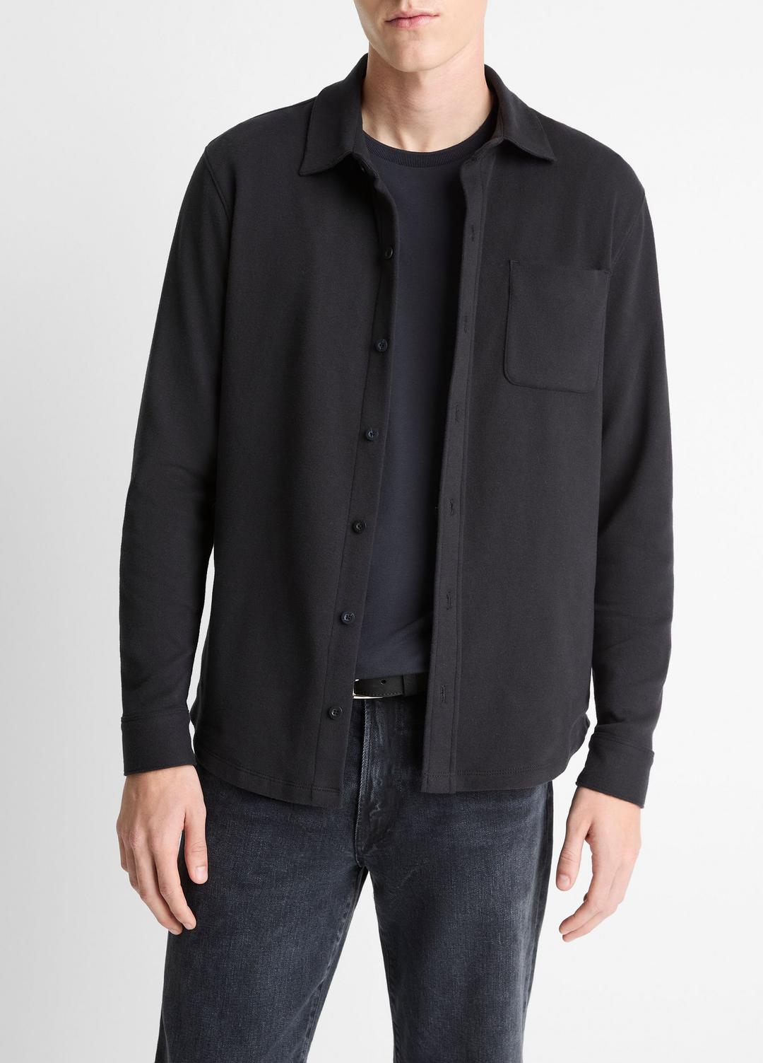 VINCE | Knit Cotton-Blend Button-Front Shirt in Long Sleeve - BLACK
