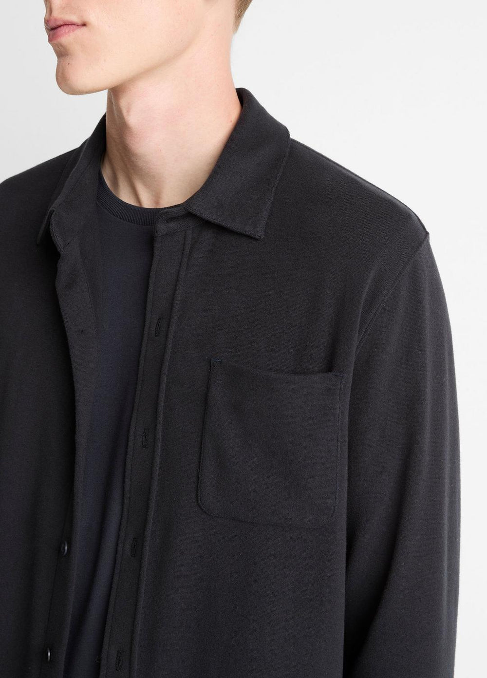 VINCE | Knit Cotton-Blend Button-Front Shirt in Long Sleeve - BLACK