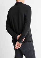 VINCE | Knit Cotton-Blend Button-Front Shirt in Long Sleeve - BLACK