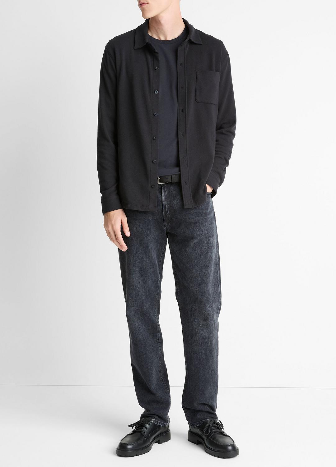 VINCE | Knit Cotton-Blend Button-Front Shirt in Long Sleeve - BLACK
