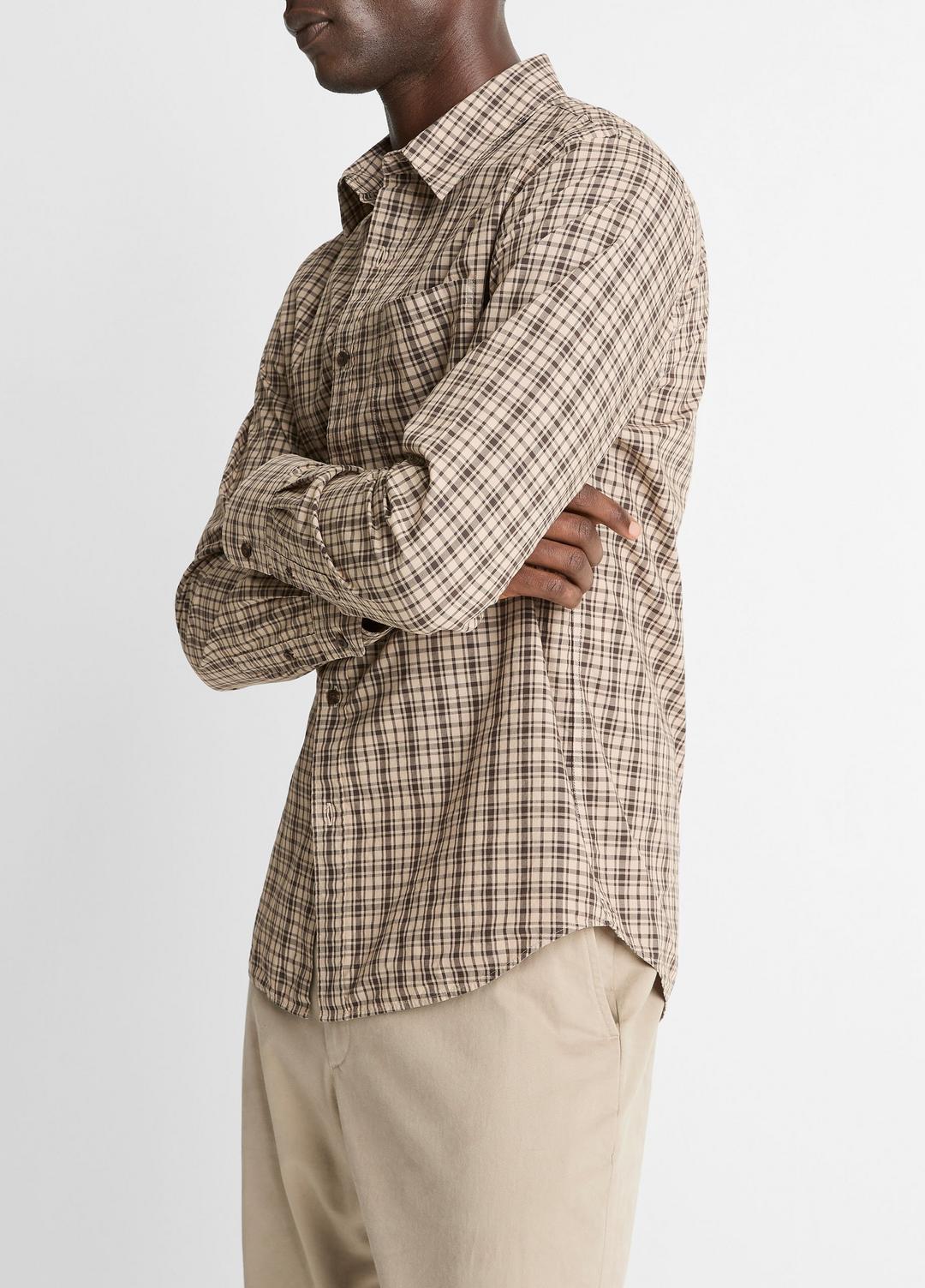 VINCE | Great Falls Plaid Cotton Button-Front Shirt in Long Sleeve - RIVER SAND/MISSION