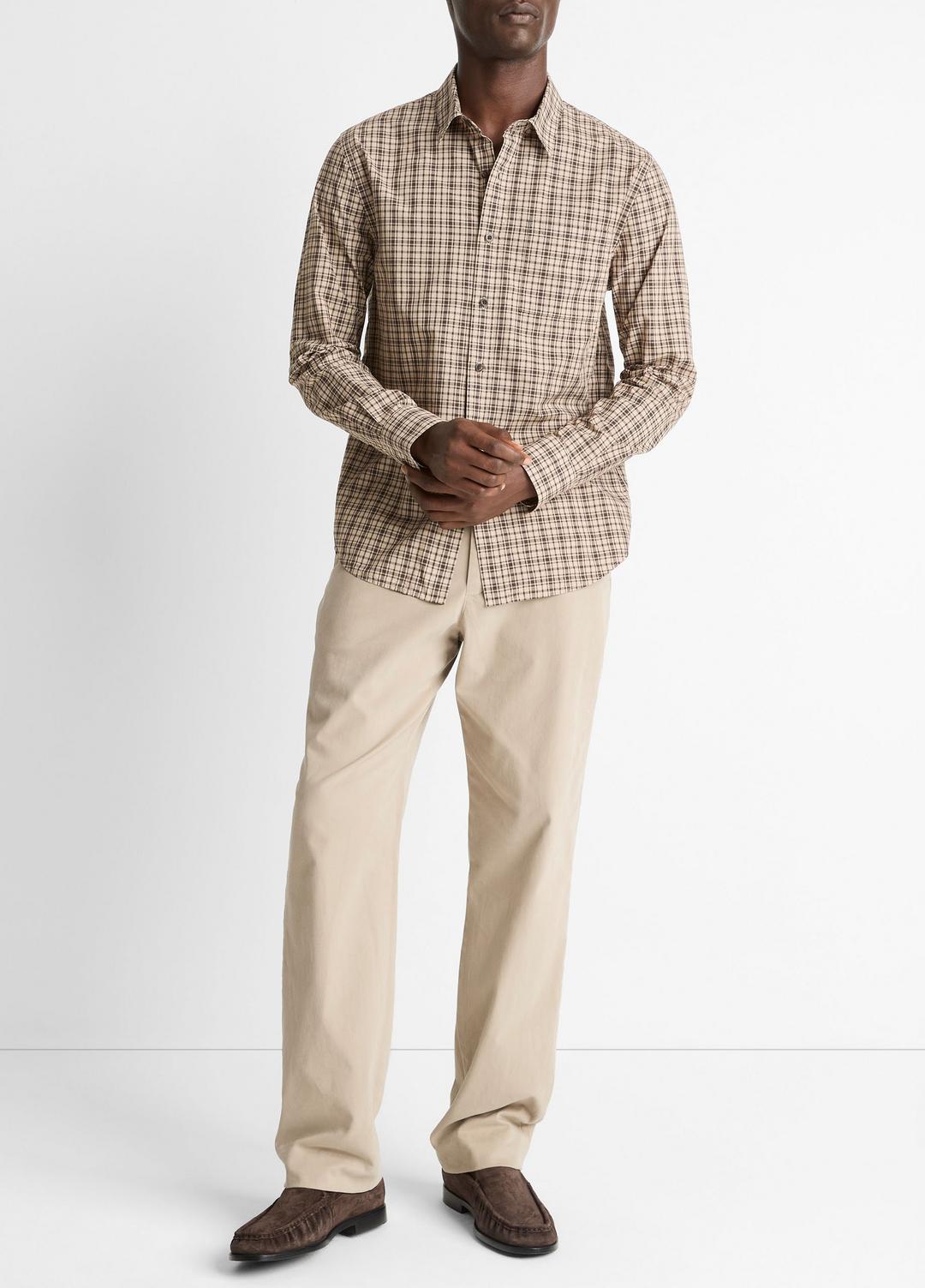 VINCE | Great Falls Plaid Cotton Button-Front Shirt in Long Sleeve - RIVER SAND/MISSION
