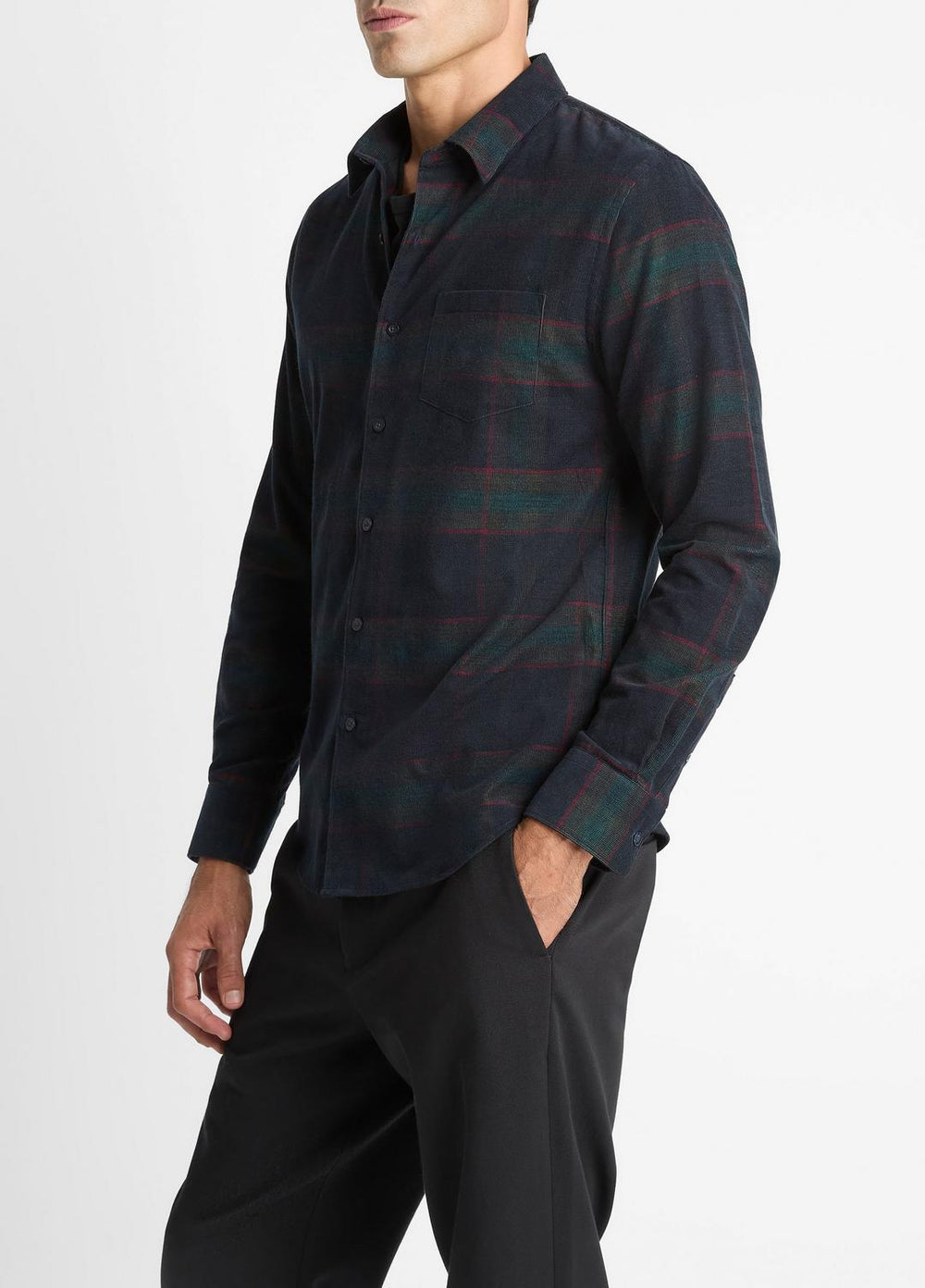VINCE | Holme Plaid Cotton Button-Front Shirt in Long Sleeve - COASTAL COMBO