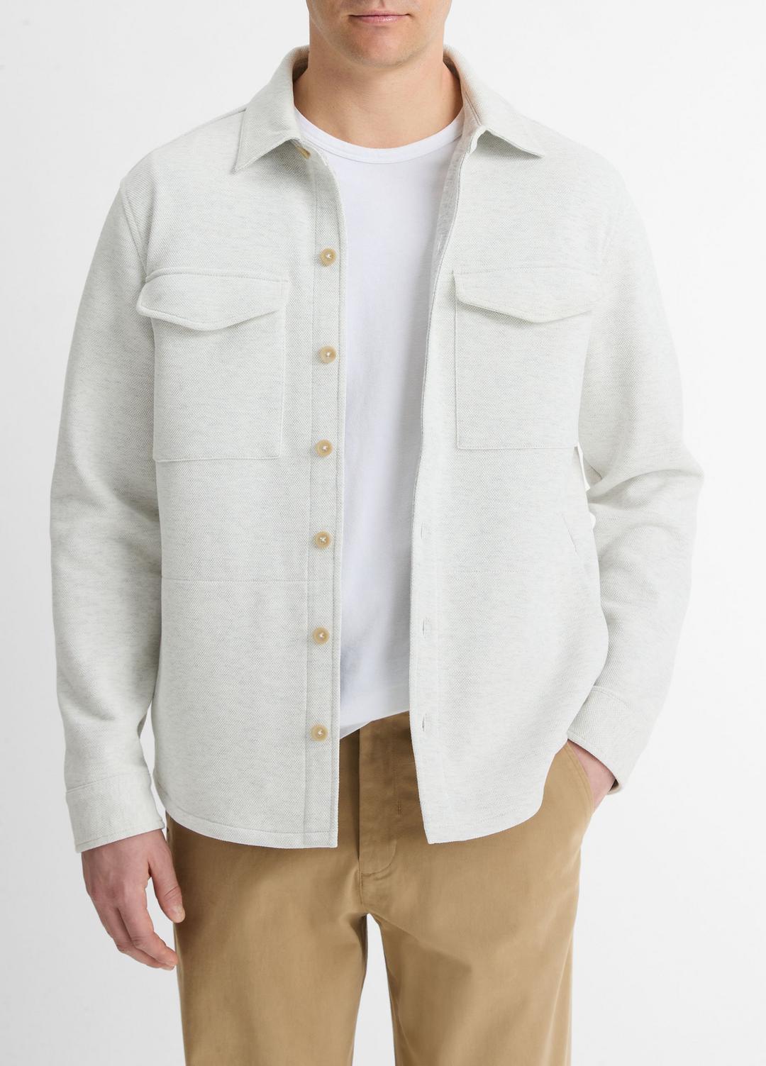 VINCE | Double-Knit Cotton-Blend Piqué Shirt Jacket in Shirt Jackets - HEATHER WHITE/LIGHT HEATHER GREY