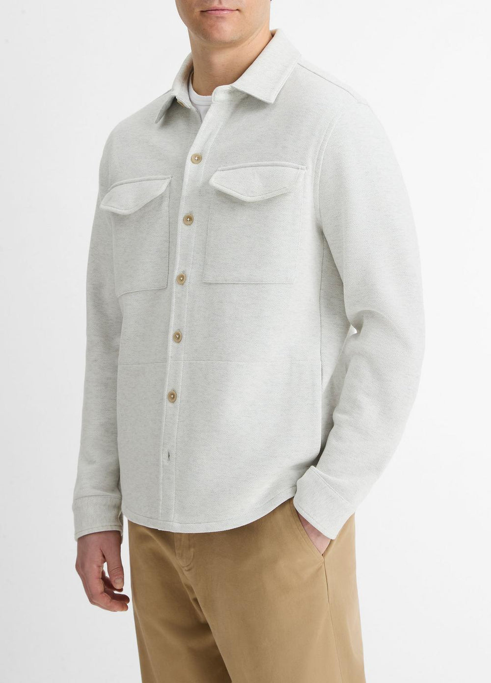 VINCE | Double-Knit Cotton-Blend Piqué Shirt Jacket in Shirt Jackets - HEATHER WHITE/LIGHT HEATHER GREY