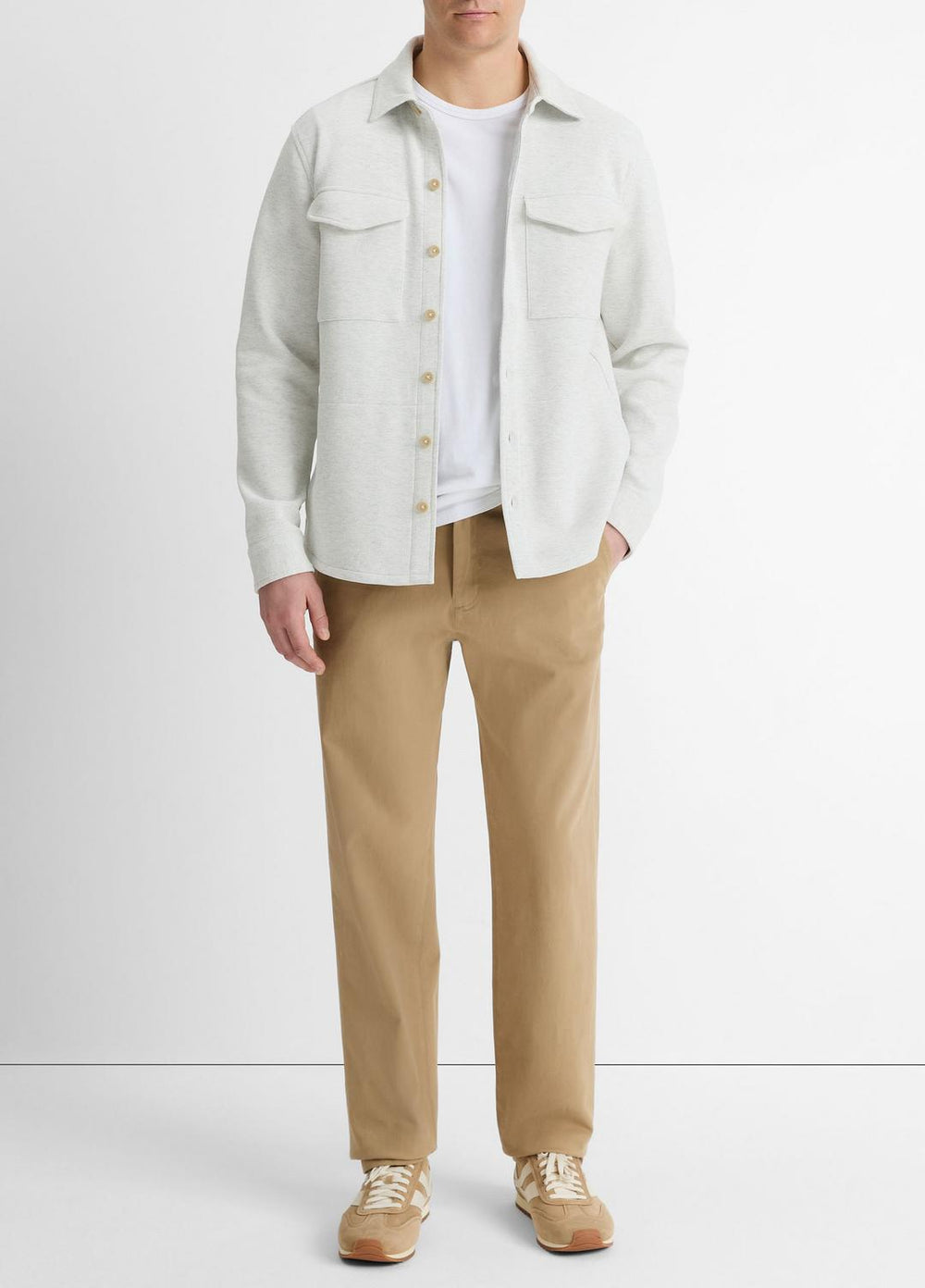 VINCE | Double-Knit Cotton-Blend Piqué Shirt Jacket in Shirt Jackets - HEATHER WHITE/LIGHT HEATHER GREY