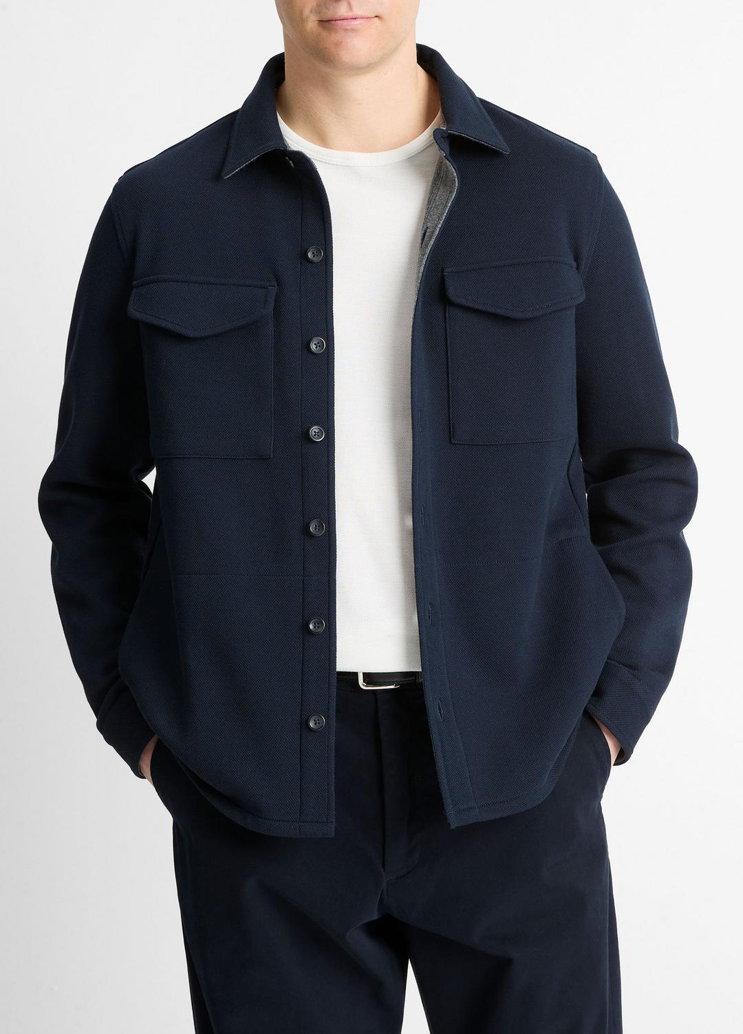VINCE | Double-Knit Cotton-Blend Piqué Shirt Jacket in Shirt Jackets - COASTAL BLUE/MEDIUM GREY