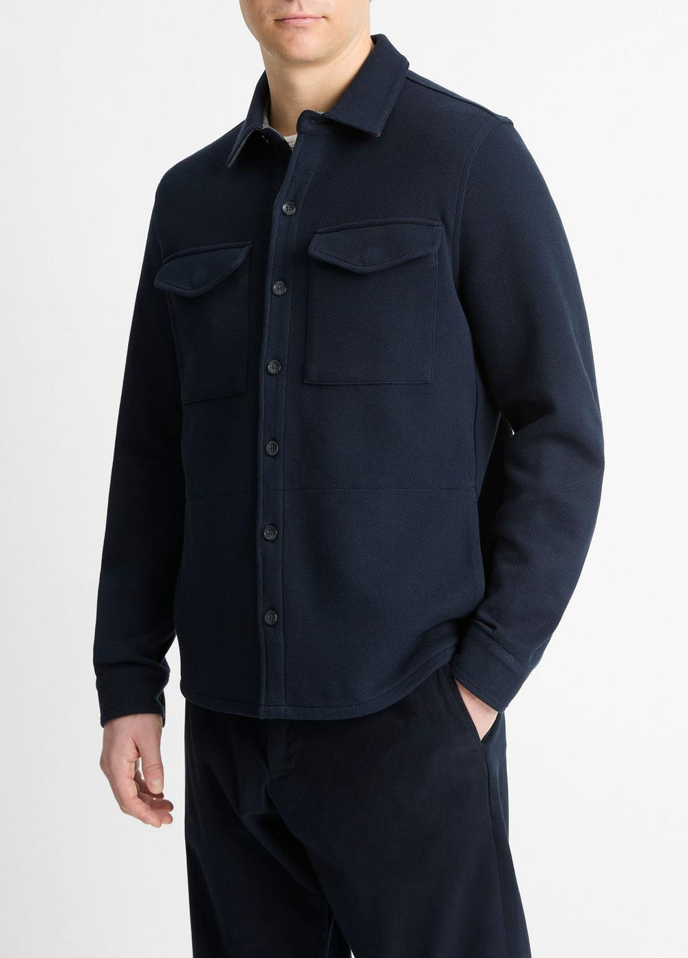 VINCE | Double-Knit Cotton-Blend Piqué Shirt Jacket in Shirt Jackets - COASTAL BLUE/MEDIUM GREY