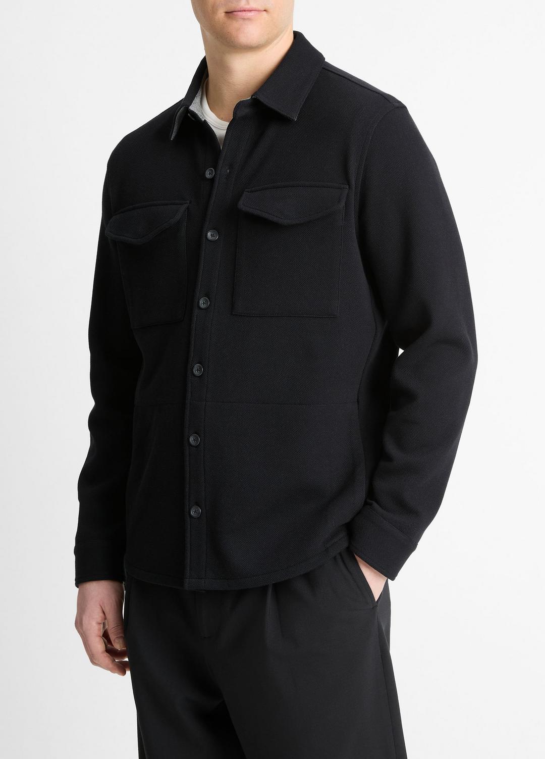 VINCE | Double-Knit Cotton-Blend Piqué Shirt Jacket in Shirt Jackets - BLACK/MEDIUM HEATHER GREY
