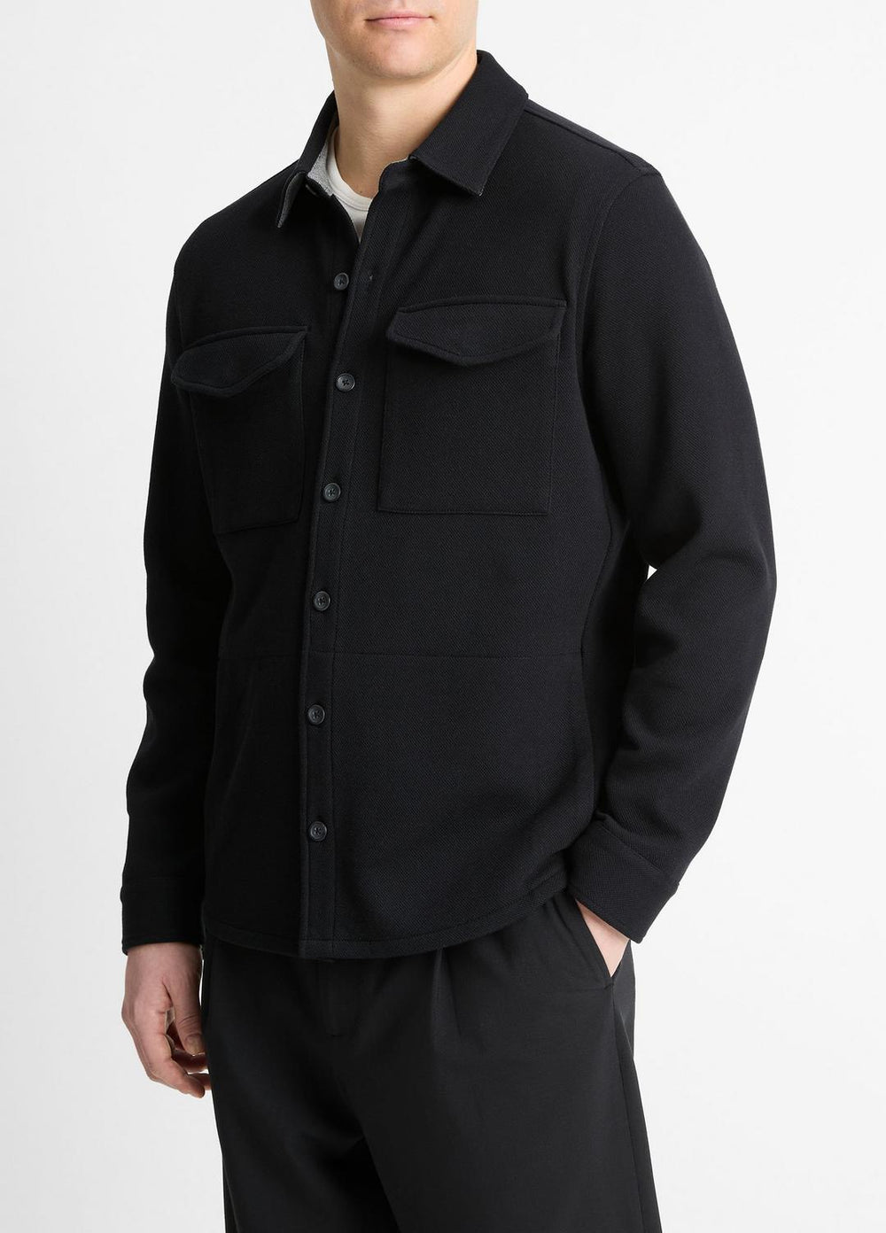 VINCE | Double-Knit Cotton-Blend Piqué Shirt Jacket in Shirt Jackets - BLACK/MEDIUM HEATHER GREY