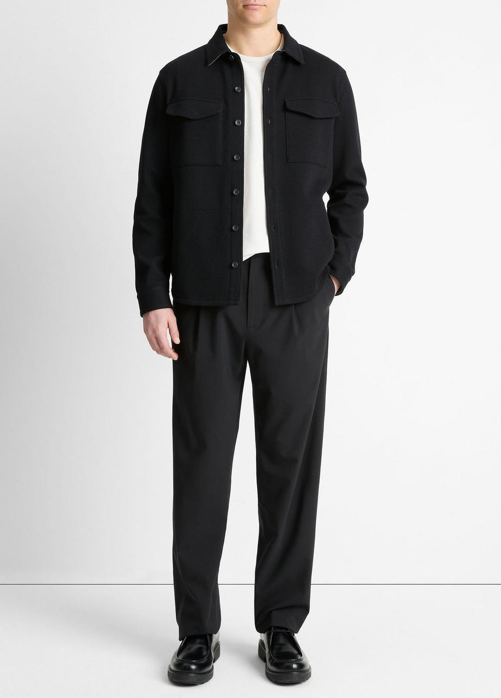 VINCE | Double-Knit Cotton-Blend Piqué Shirt Jacket in Shirt Jackets - BLACK/MEDIUM HEATHER GREY