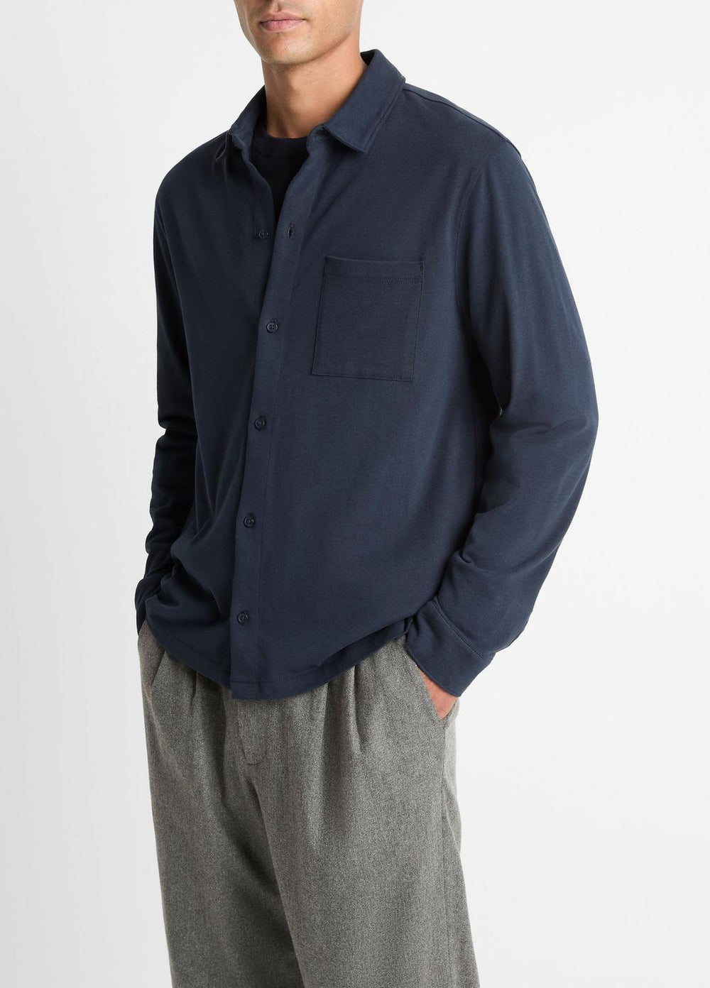 VINCE | Sueded Cotton Jersey Button-Front Shirt in Long Sleeve - COASTAL BLUE