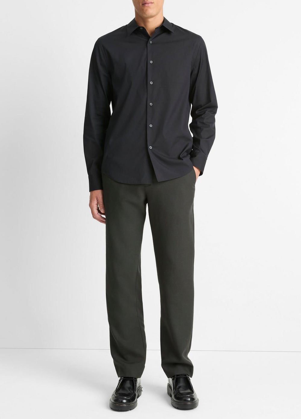 VINCE | Stretch-Cotton Poplin Shirt in Long Sleeve - BLACK