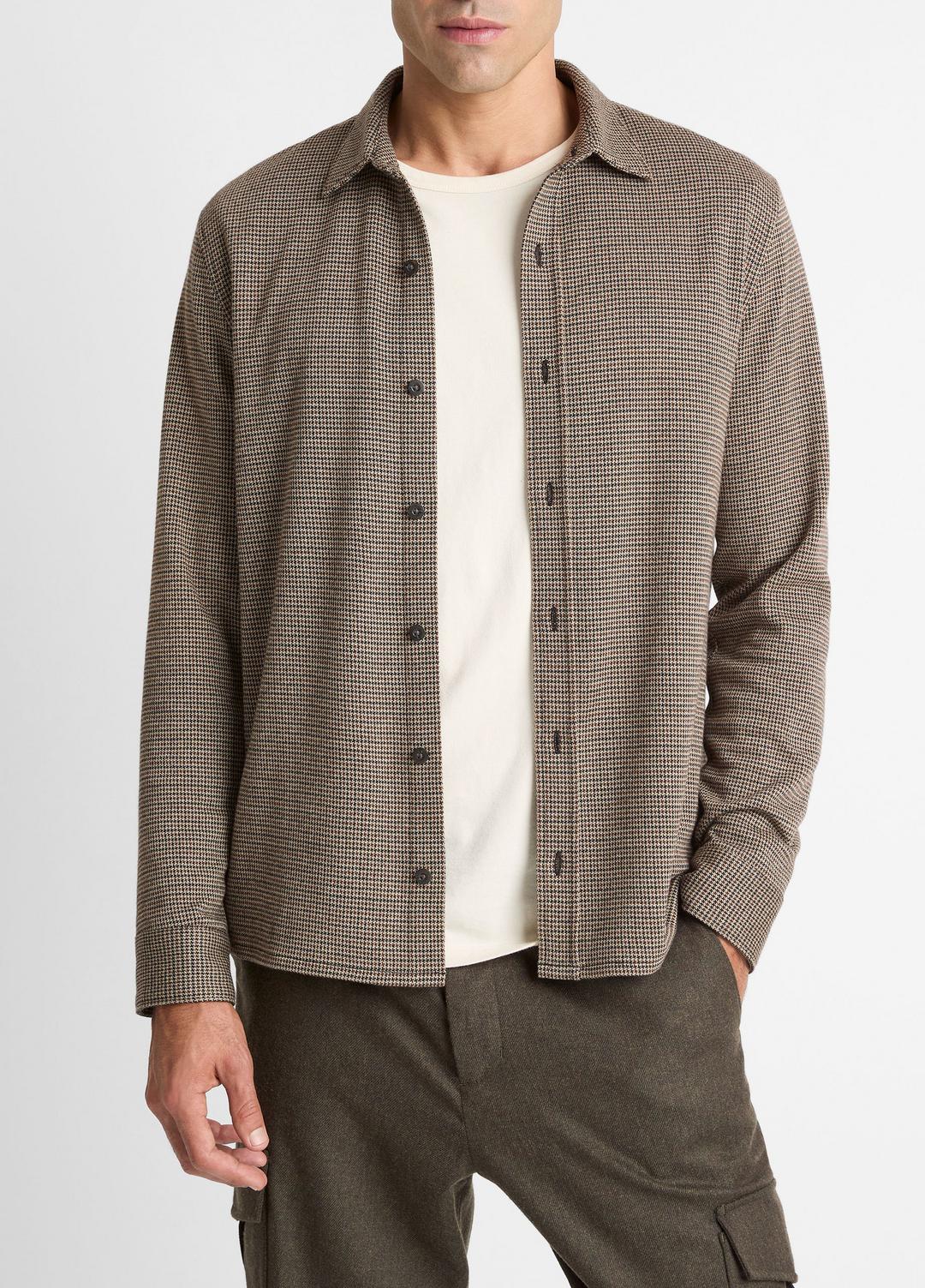 VINCE | Houndstooth Cotton-Blend Button-Front Shirt in Long Sleeve - DARK ROAST COMBO