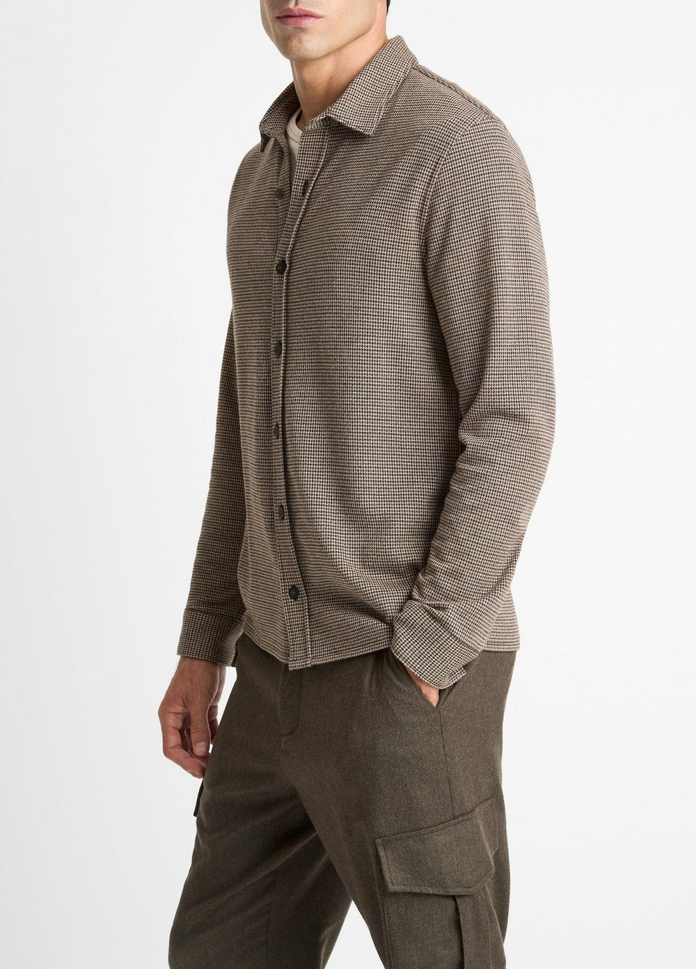 VINCE | Houndstooth Cotton-Blend Button-Front Shirt in Long Sleeve - DARK ROAST COMBO