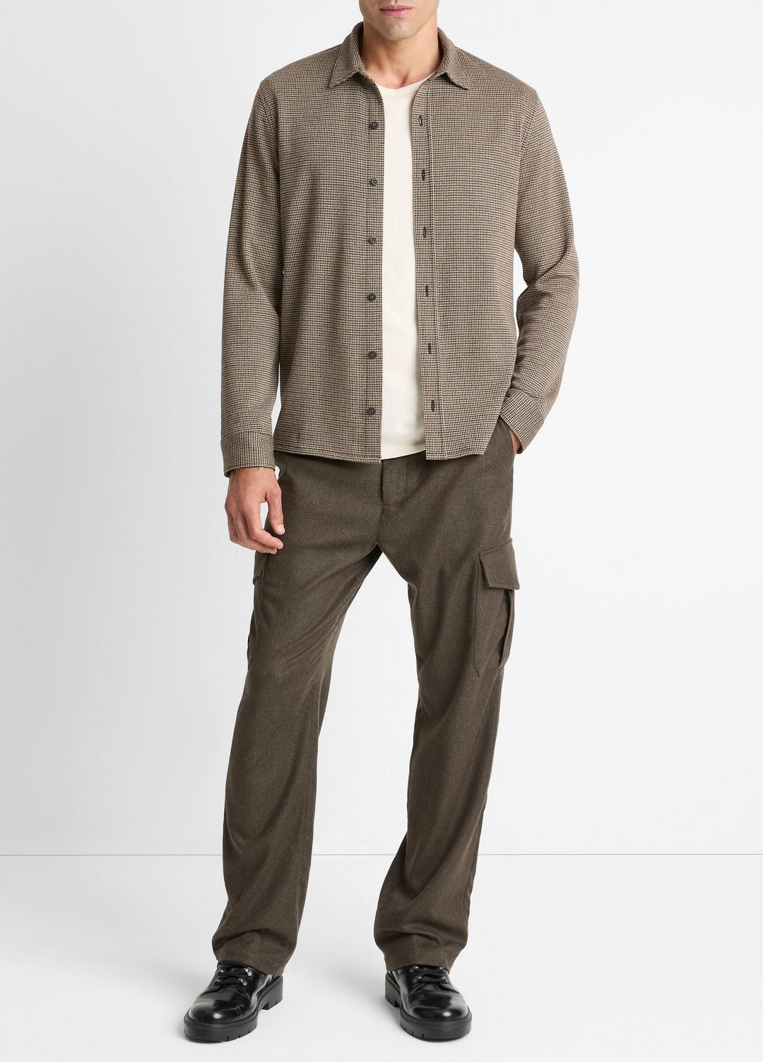 VINCE | Houndstooth Cotton-Blend Button-Front Shirt in Long Sleeve - DARK ROAST COMBO