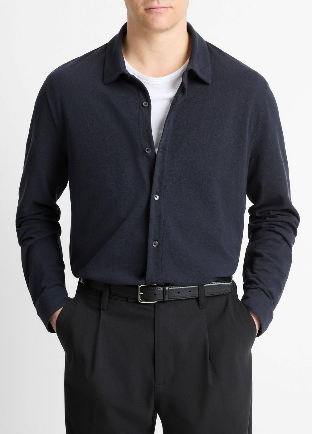 VINCE | Cotton Piqué Button-Front Shirt in Long Sleeve - COASTAL BLUE