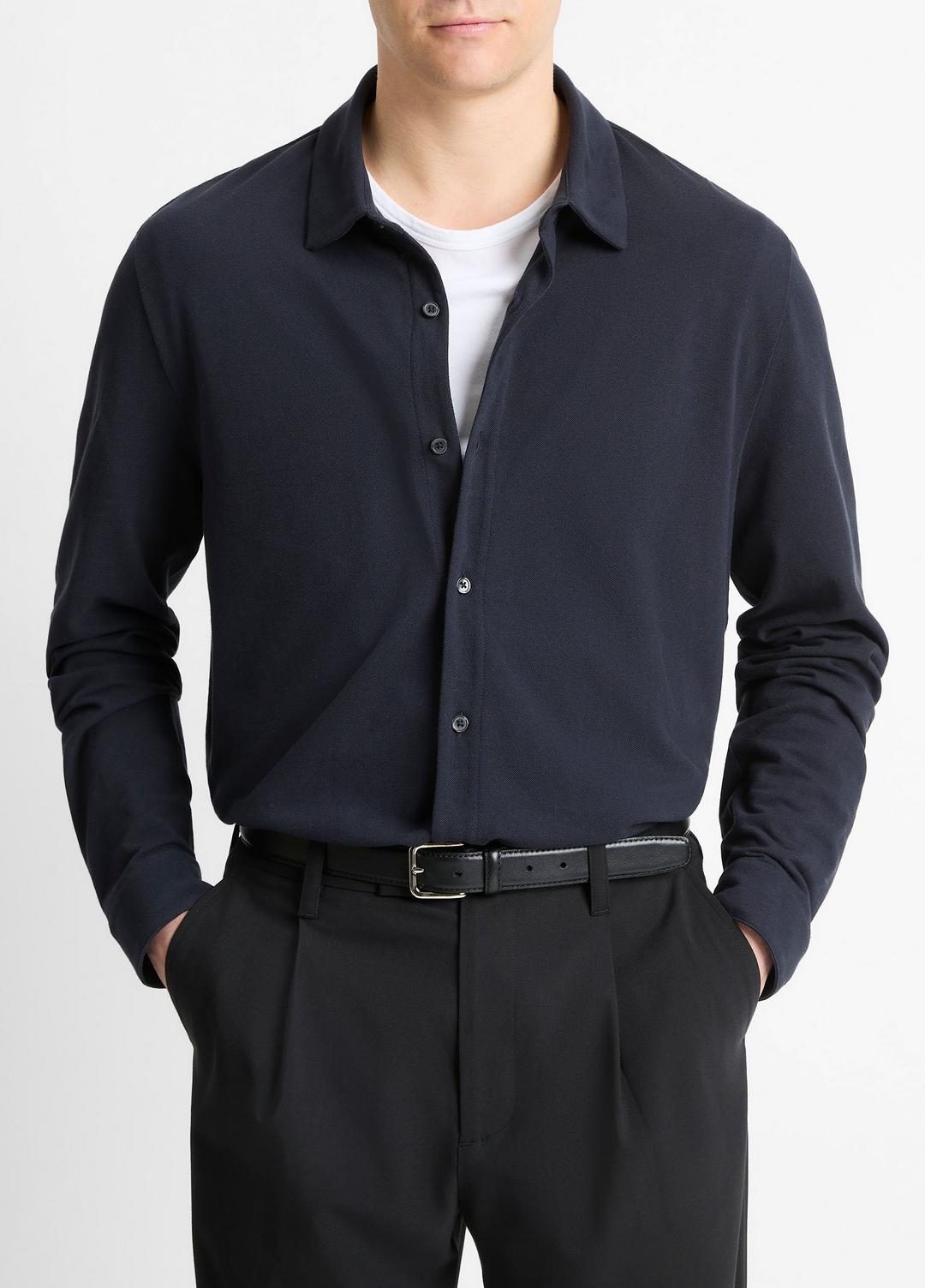 VINCE | Cotton Piqué Button-Front Shirt in Long Sleeve - COASTAL BLUE