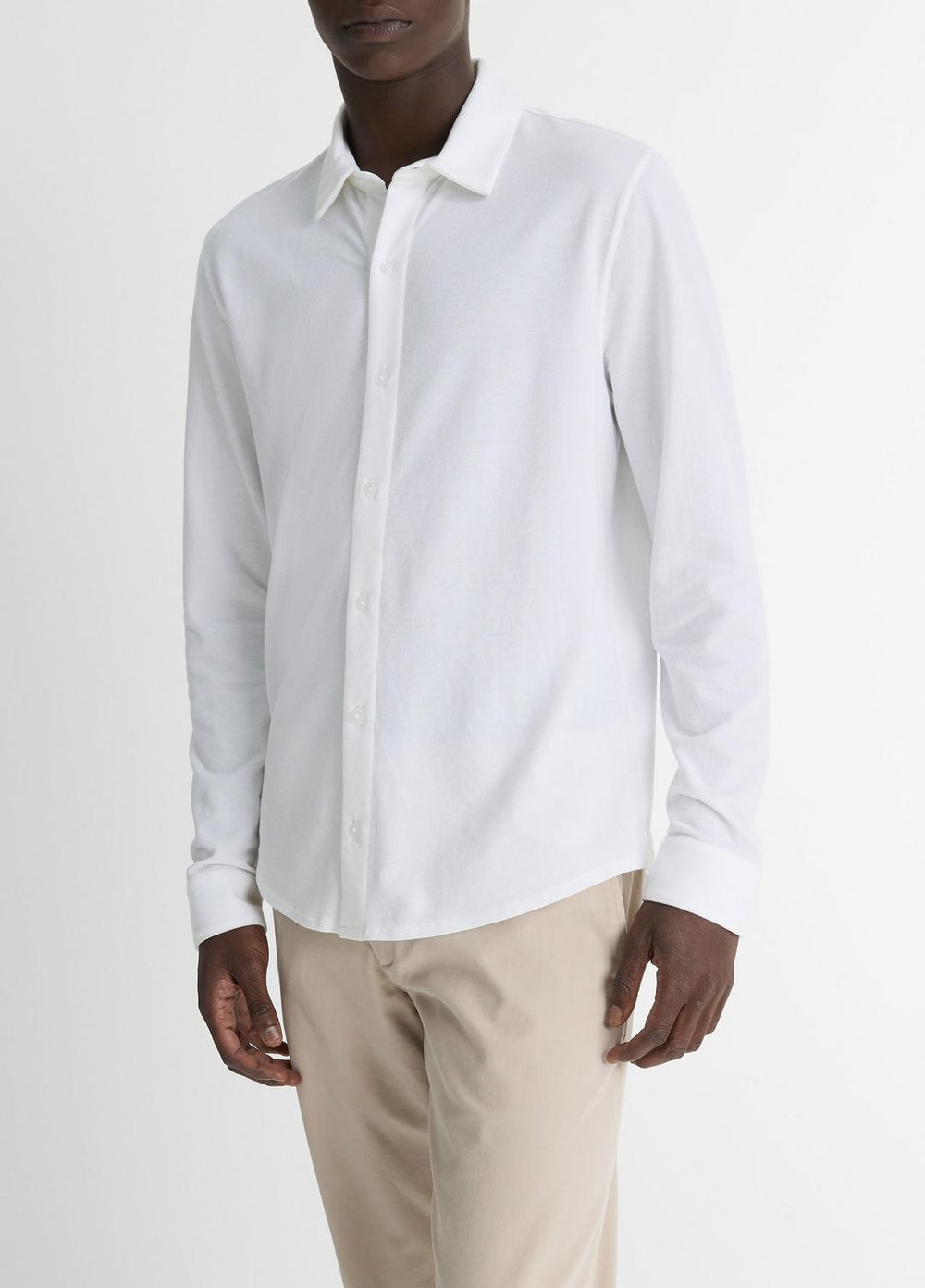 VINCE | Cotton Piqué Button-Front Shirt in Long Sleeve - OPTIC WHITE