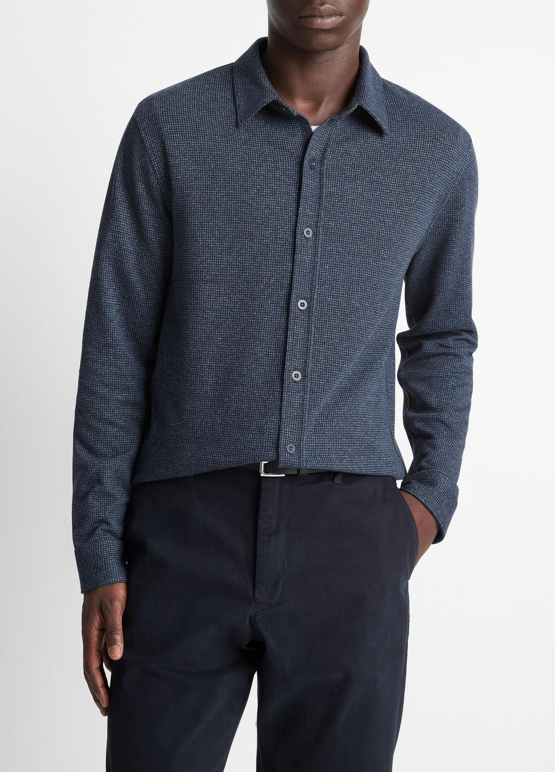 VINCE | Houndstooth Cotton-Blend Button-Front Shirt in Long Sleeve - COASTAL COMBO