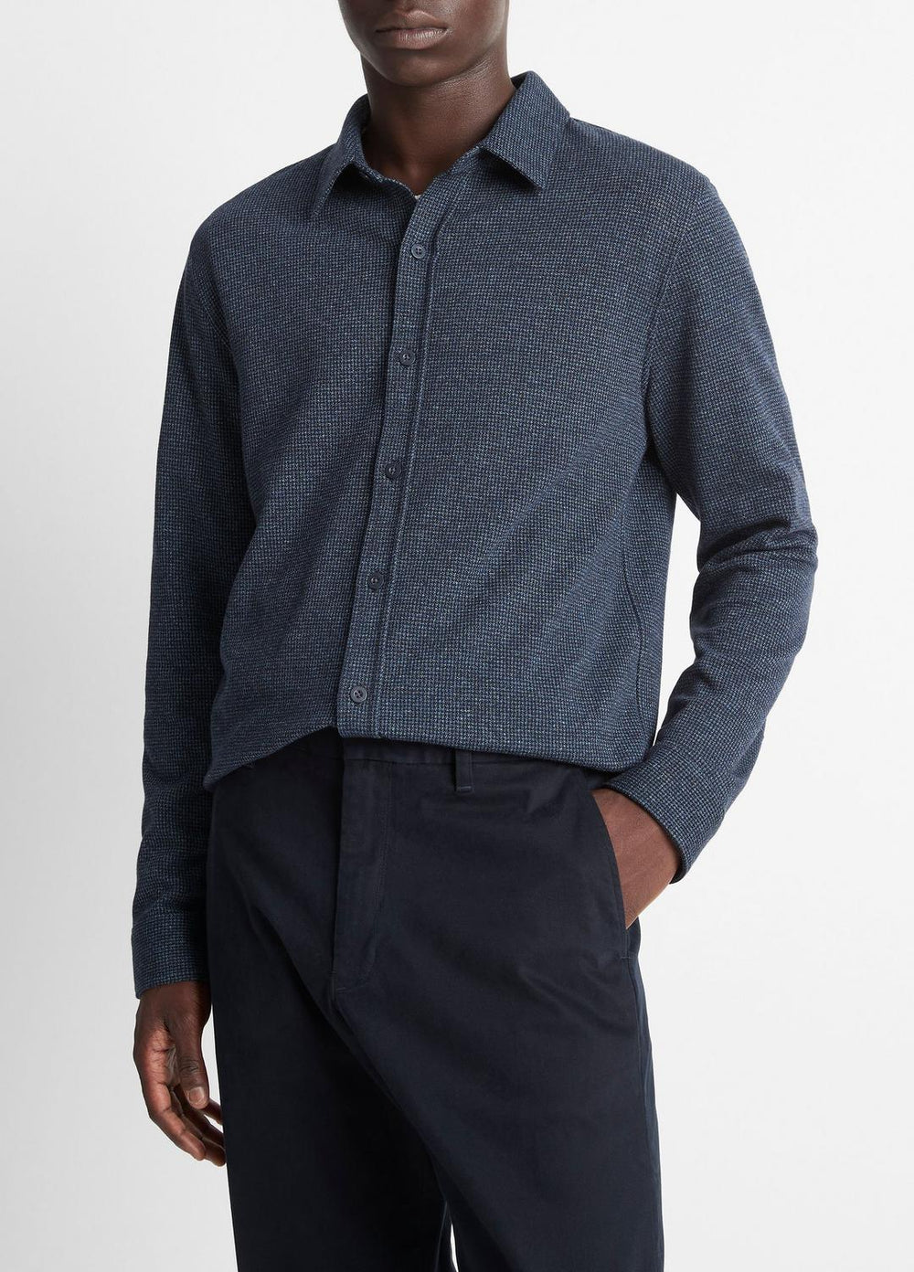 VINCE | Houndstooth Cotton-Blend Button-Front Shirt in Long Sleeve - COASTAL COMBO