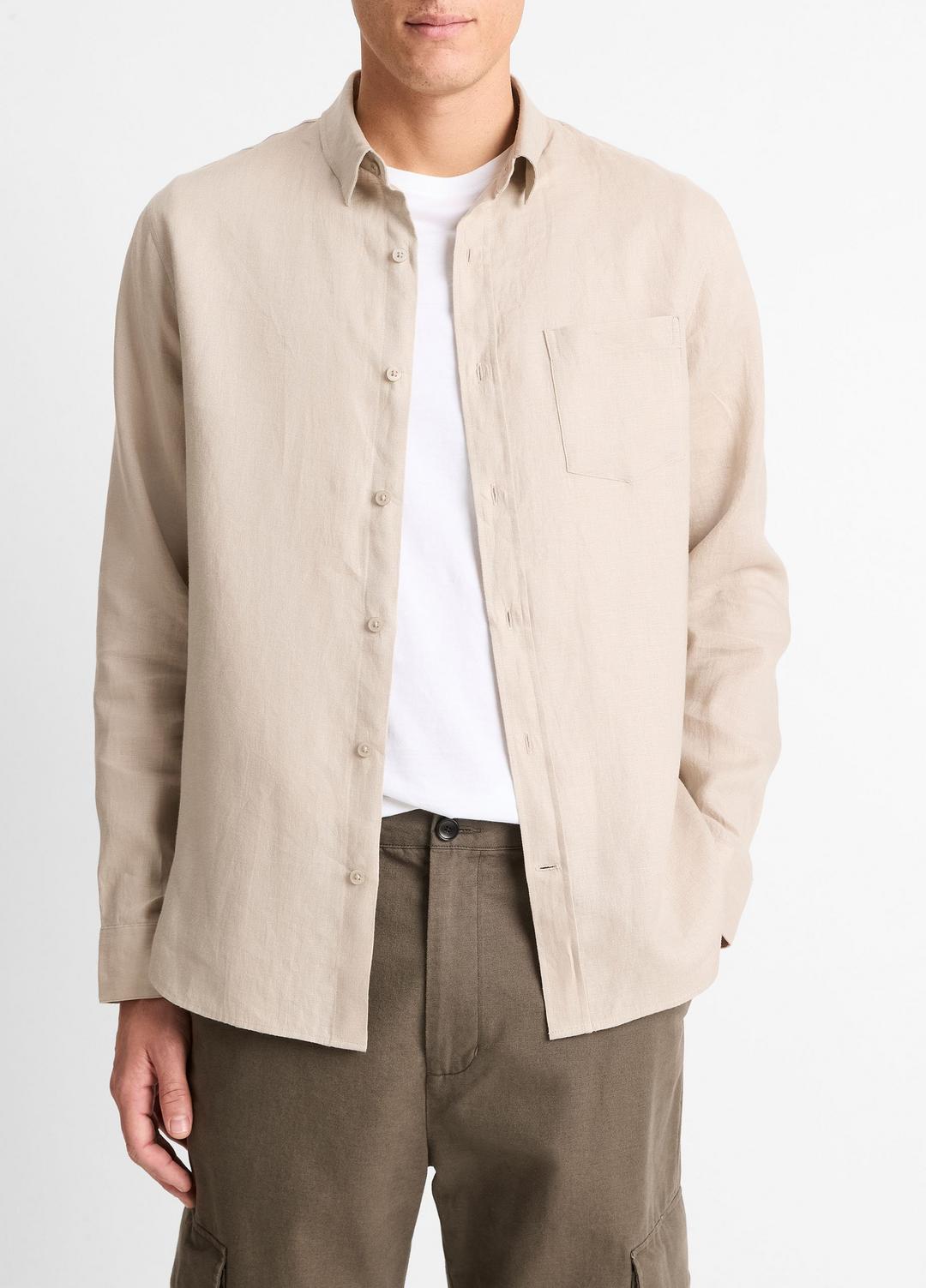 VINCE | Linen Long-Sleeve Shirt in Long Sleeve - PUMICE ROCK