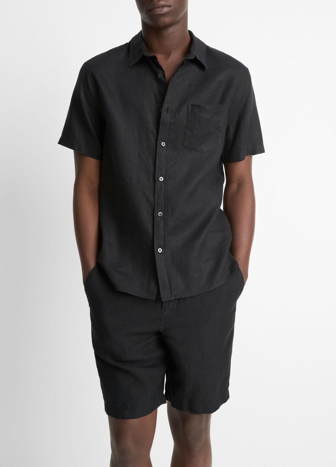 VINCE | Linen Short-Sleeve Shirt in Short Sleeve - BLACK
