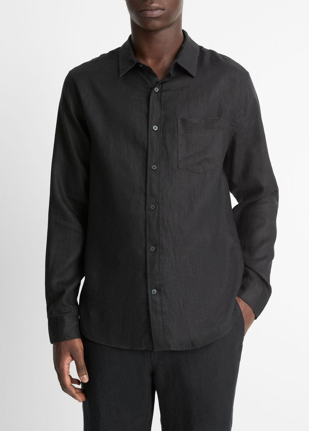 VINCE | Linen Long-Sleeve Shirt in Long Sleeve - BLACK