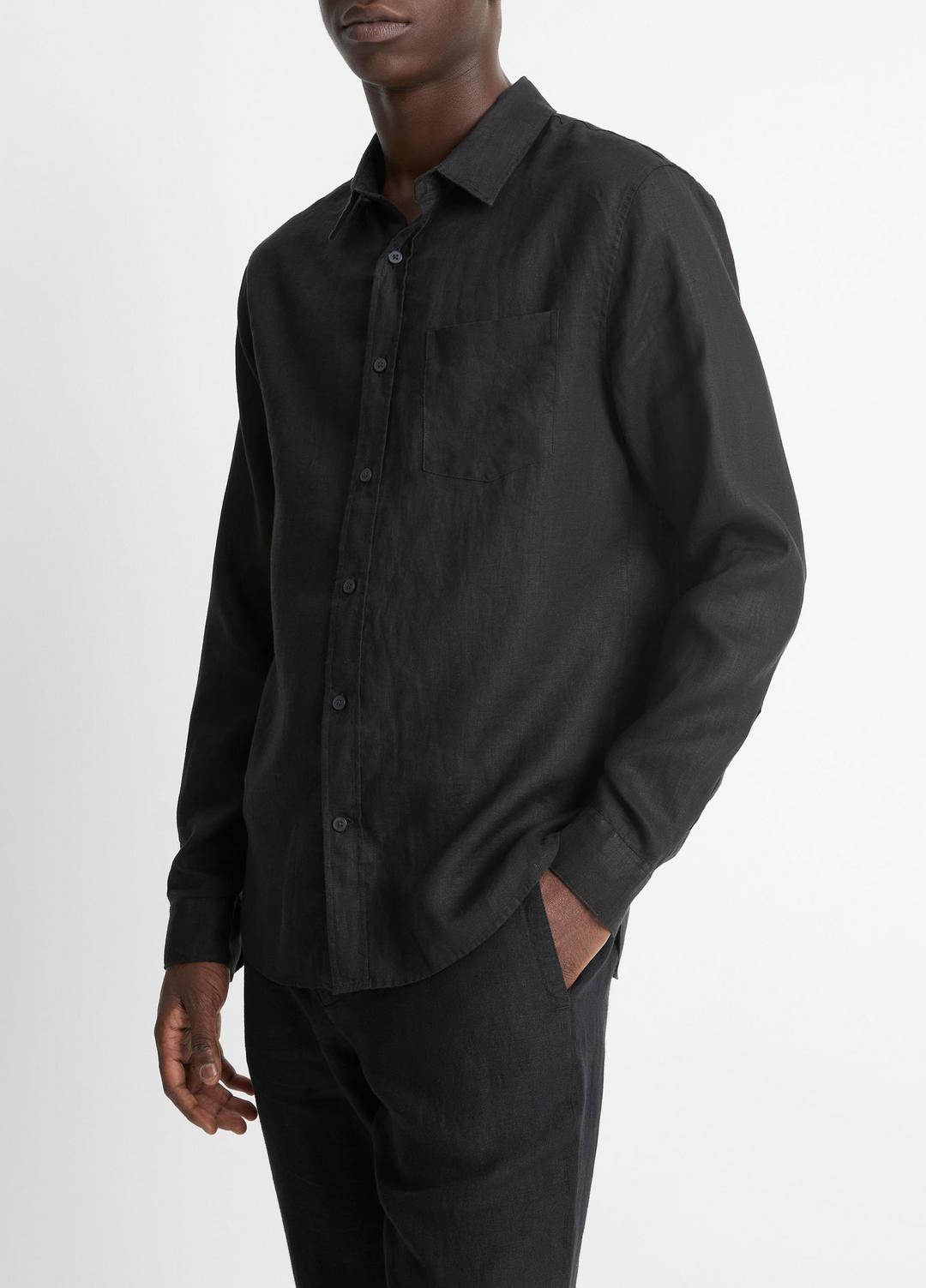 VINCE | Linen Long-Sleeve Shirt in Long Sleeve - BLACK
