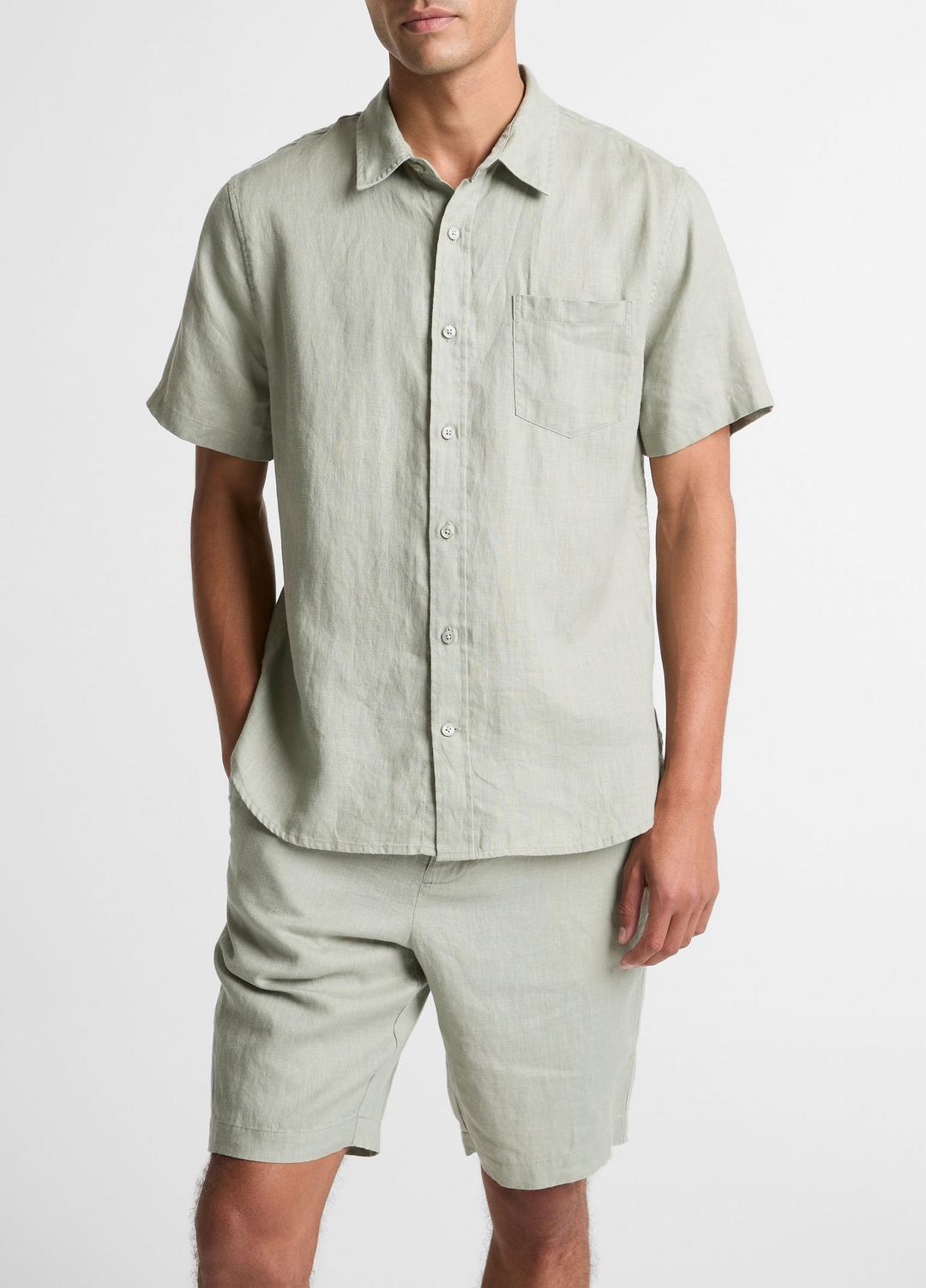 VINCE | Linen Short-Sleeve Shirt in Long Sleeve - MATCHA