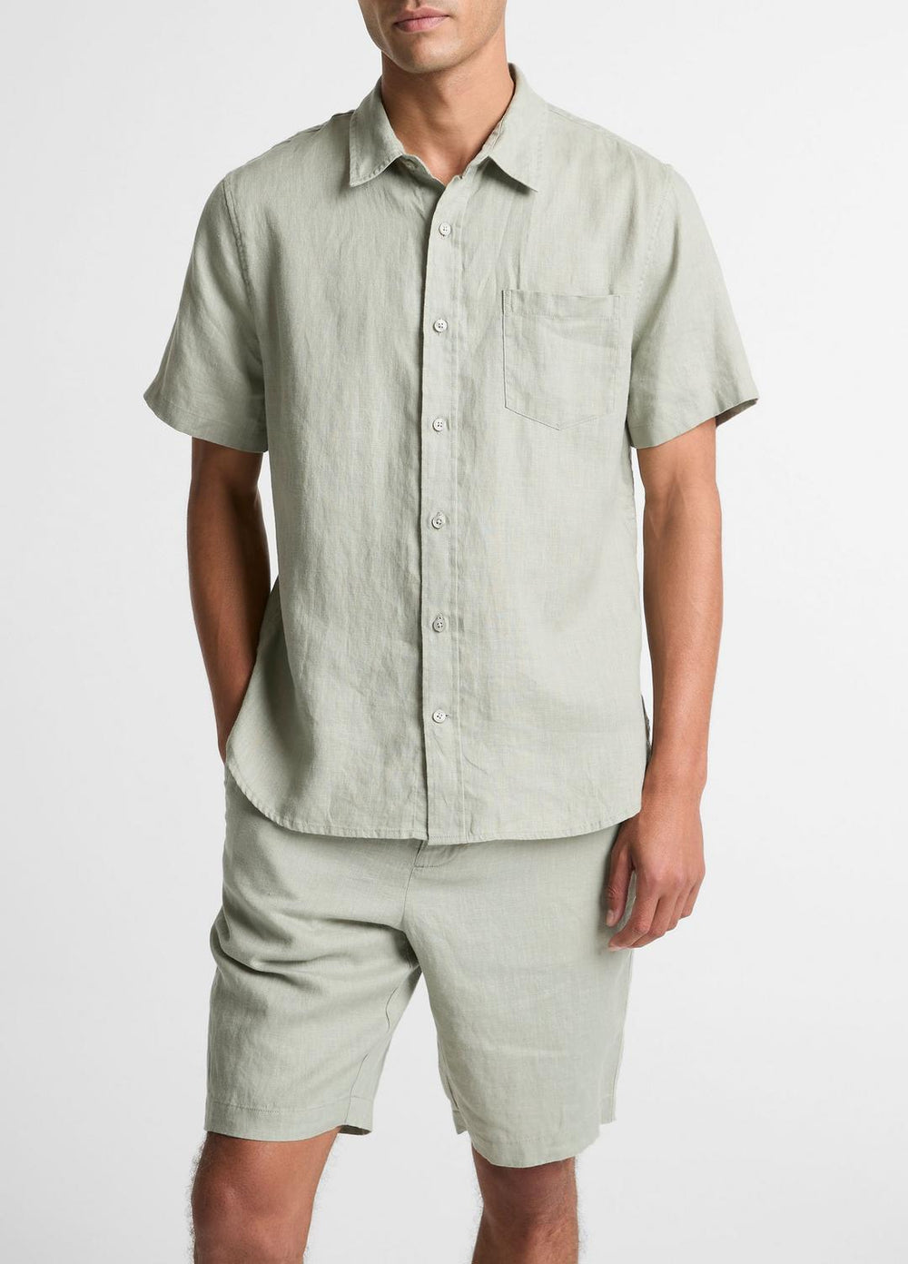 VINCE | Linen Short-Sleeve Shirt in Long Sleeve - MATCHA