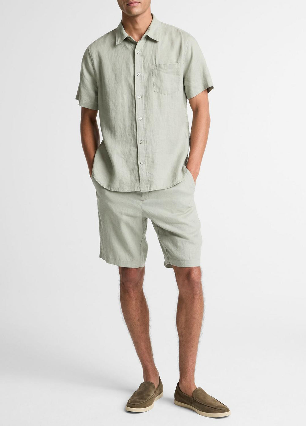 VINCE | Linen Short-Sleeve Shirt in Long Sleeve - MATCHA