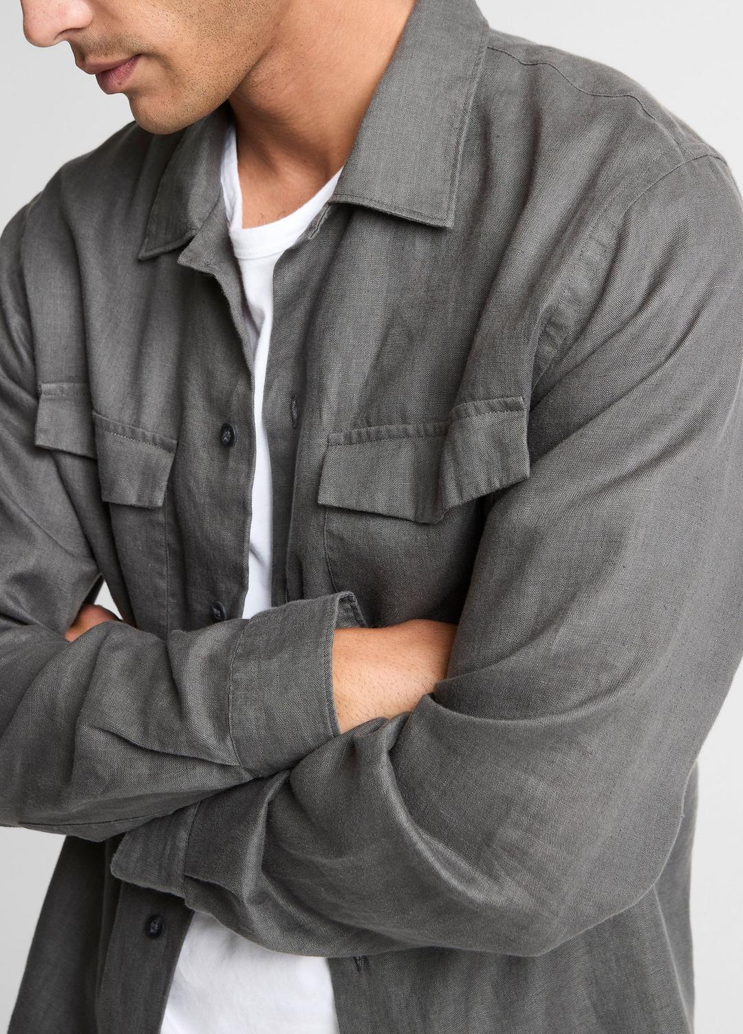 VINCE | Linen Garage Shirt  in Long Sleeve - SLATE
