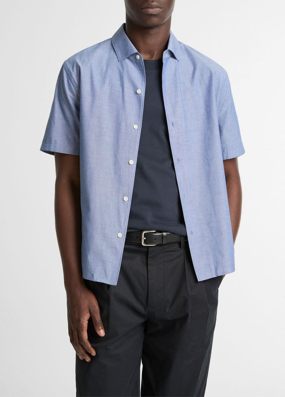 VINCE | Cotton Short-Sleeve Button-Front Shirt  in Short Sleeve - INDIGO
