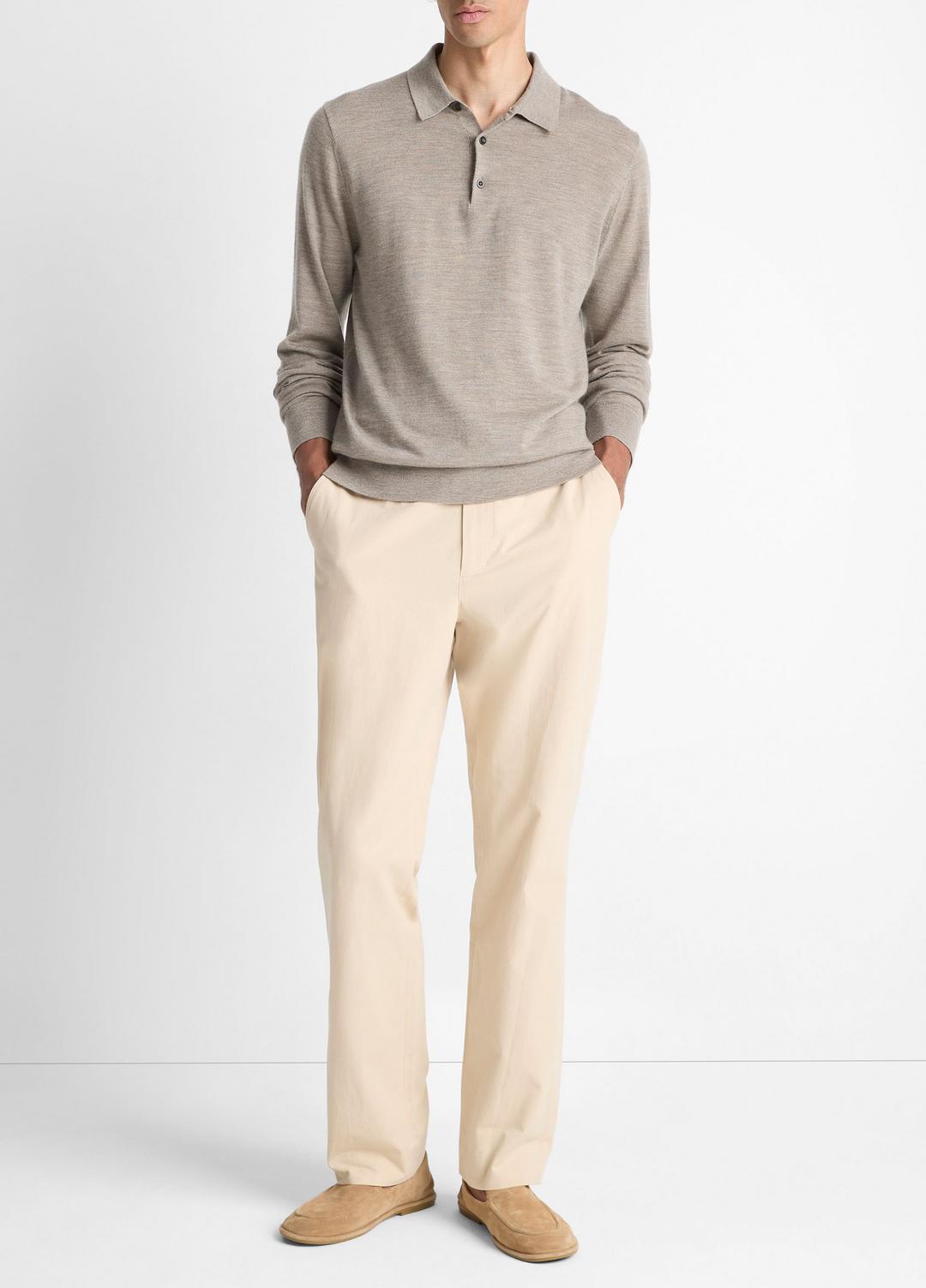 VINCE | Featherweight Merino Wool-Cashmere Polo Sweater in Long Sleeve - HEATHER SMOKE