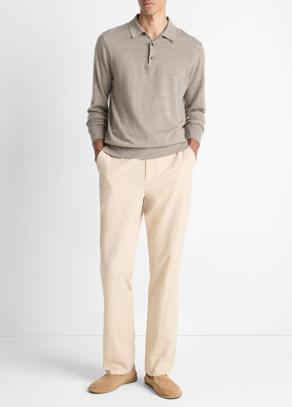 VINCE | Featherweight Merino Wool-Cashmere Polo Sweater in Long Sleeve - HEATHER SMOKE