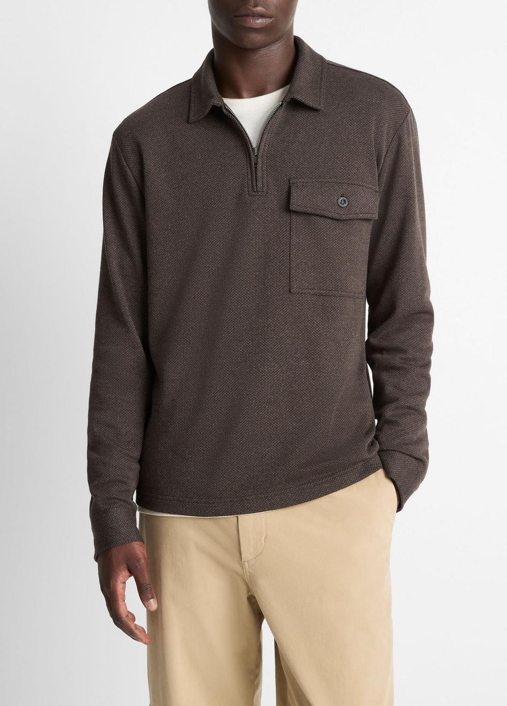 VINCE | Herringbone Cotton-Blend Zip Polo Shirt in Henleys & Polos - HEATHER DARK ROAST/BLACK