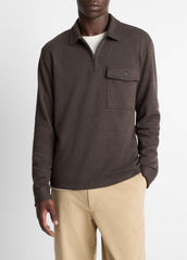 VINCE | Herringbone Cotton-Blend Zip Polo Shirt in Henleys & Polos - HEATHER DARK ROAST/BLACK