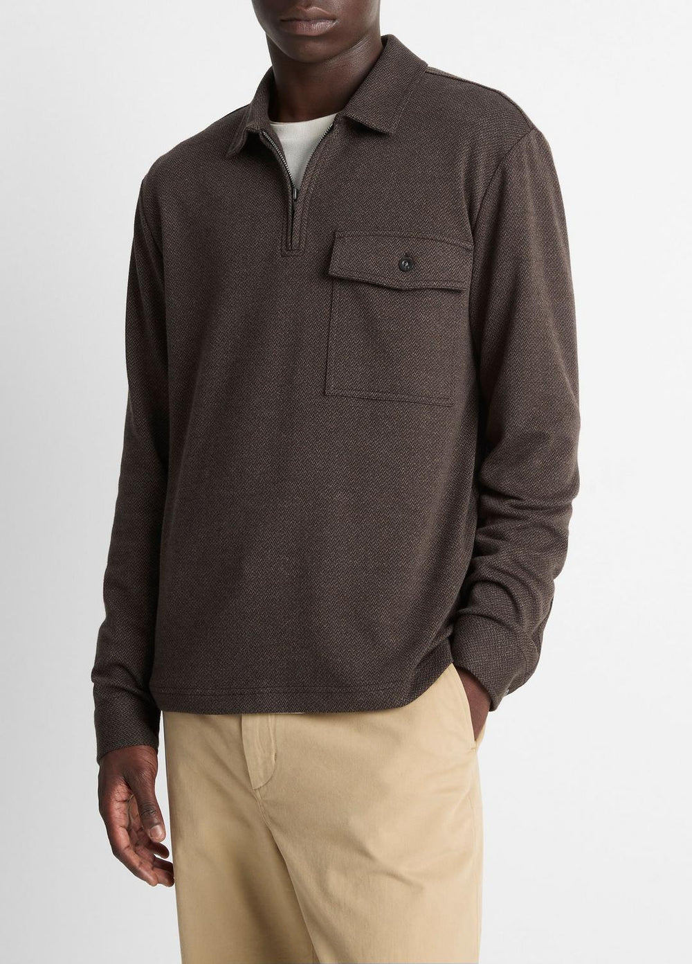 VINCE | Herringbone Cotton-Blend Zip Polo Shirt in Henleys & Polos - HEATHER DARK ROAST/BLACK