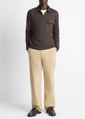 VINCE | Herringbone Cotton-Blend Zip Polo Shirt in Henleys & Polos - HEATHER DARK ROAST/BLACK