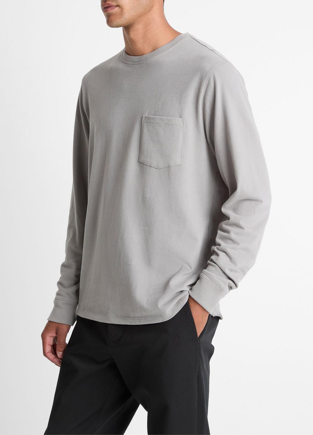 VINCE | Sueded Jersey Long-Sleeve Pocket T-Shirt in Long Sleeve - HEATHER MOUSE