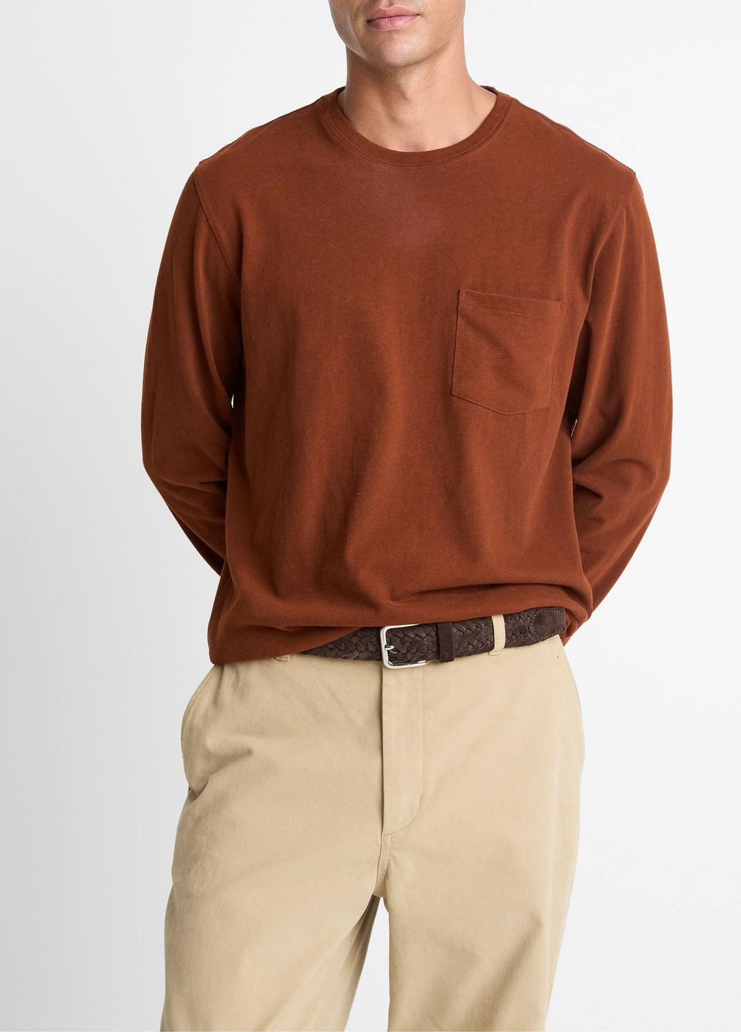 VINCE | Sueded Jersey Long-Sleeve Pocket T-Shirt in Long Sleeve - COPPERHEAD