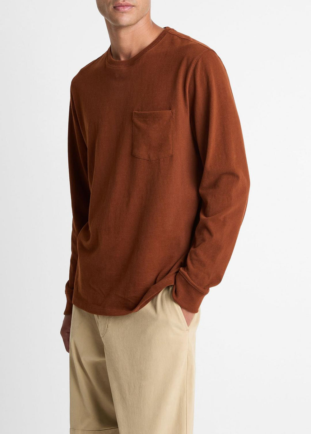 VINCE | Sueded Jersey Long-Sleeve Pocket T-Shirt in Long Sleeve - COPPERHEAD