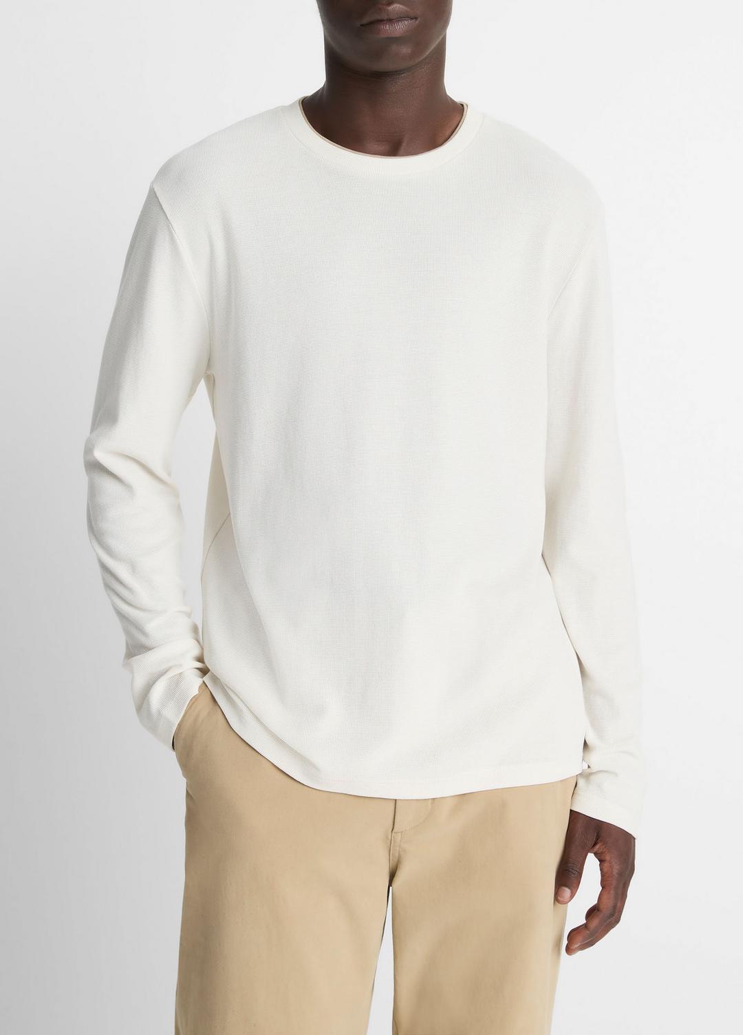 VINCE | Micro-Waffle Pima Cotton Double-Collar Long-Sleeve T-Shirt in Long Sleeve - BLANCO/TERRAPIN